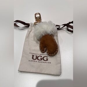 UGG brown suede mitten and white fluffy trim keychain
